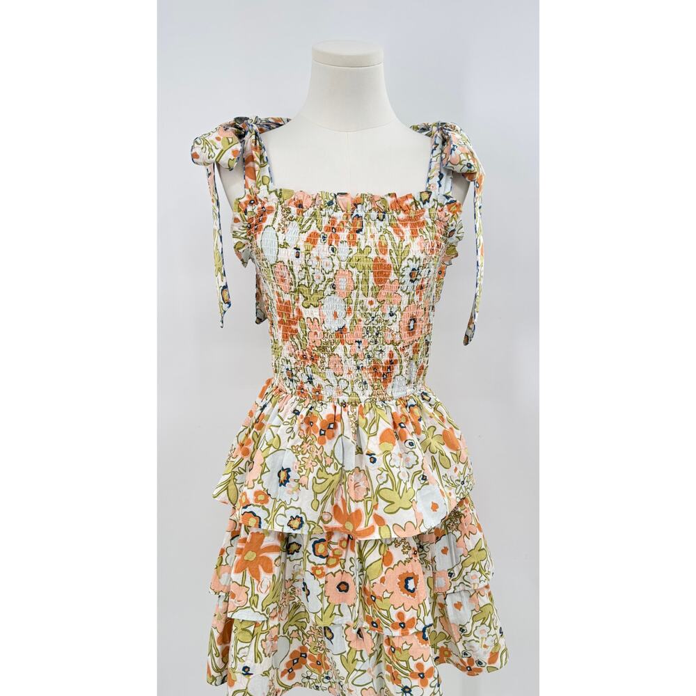 Cleobella Tamara Smocked Floral Dress Ruffle Tie Shoulder Mini Retro Cottage M